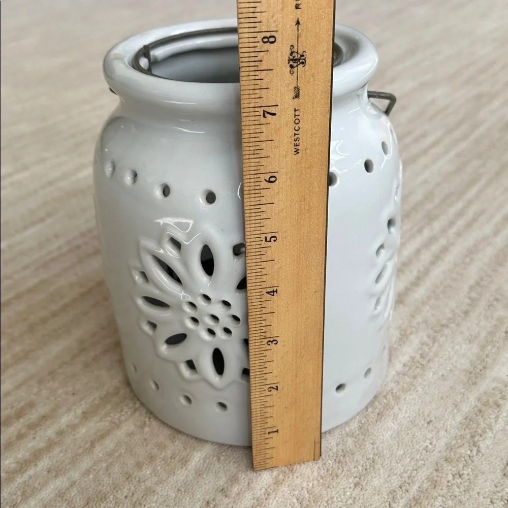 Ceramic White Lantern Flower Cutout Barrel Handle Candle Holder Insert